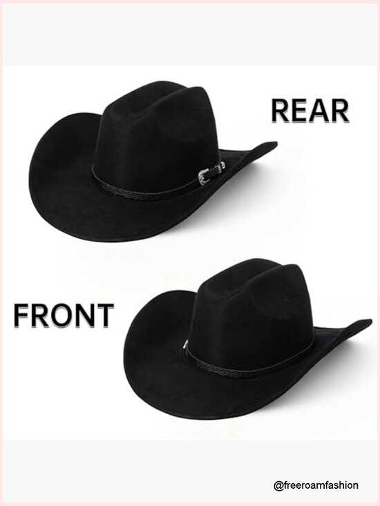 Wide Brim Cowboy Hat with Belt Buckle - Unisex Western Fedora display picture 3
